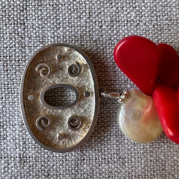 Artisan signed Sterling Silver Red Coral & Pearl bracelet Oversized Toggle Clasp - Picture 5 of 13